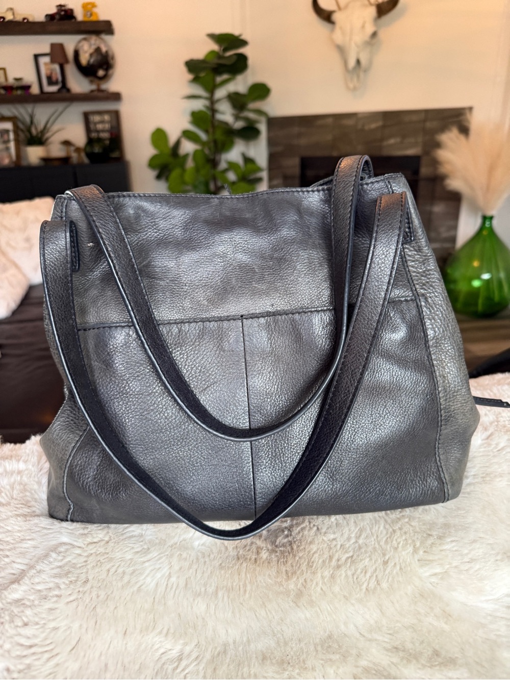 Textured Black Leather Shoulder Tote